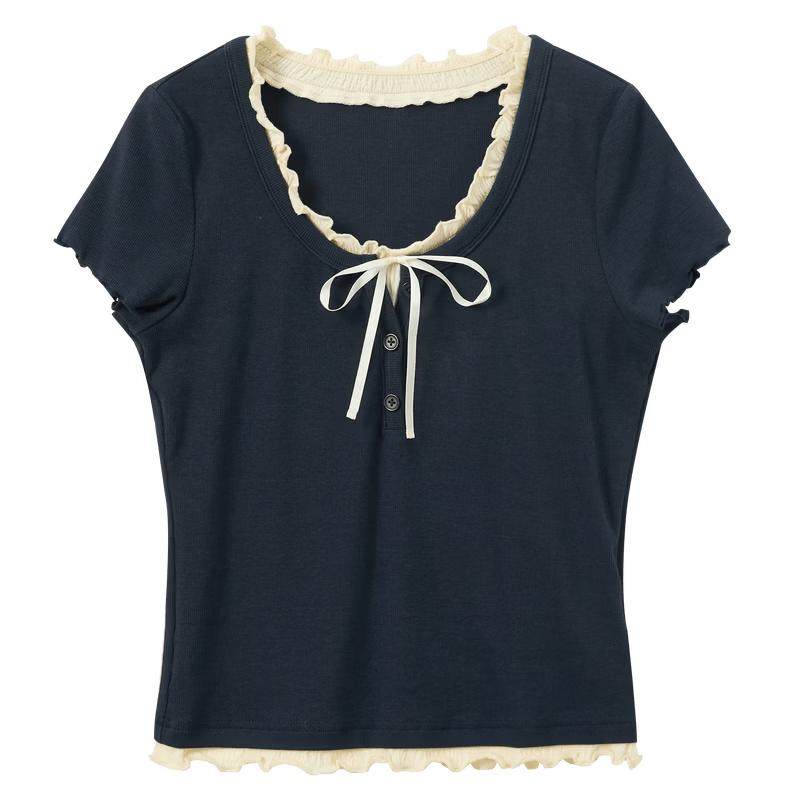 Sancai 2026 Summer Ruffle Trim Tie-Waist Layered Short Sleeve T-Shirt L