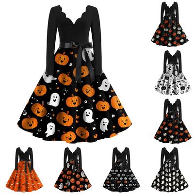 Women's Casual Fashion Halloween Printed V-Neck Vintage Dress