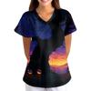 Women's Halloween Print Scrub Top V Neck Short Sleeve with Pockets Loose Fit