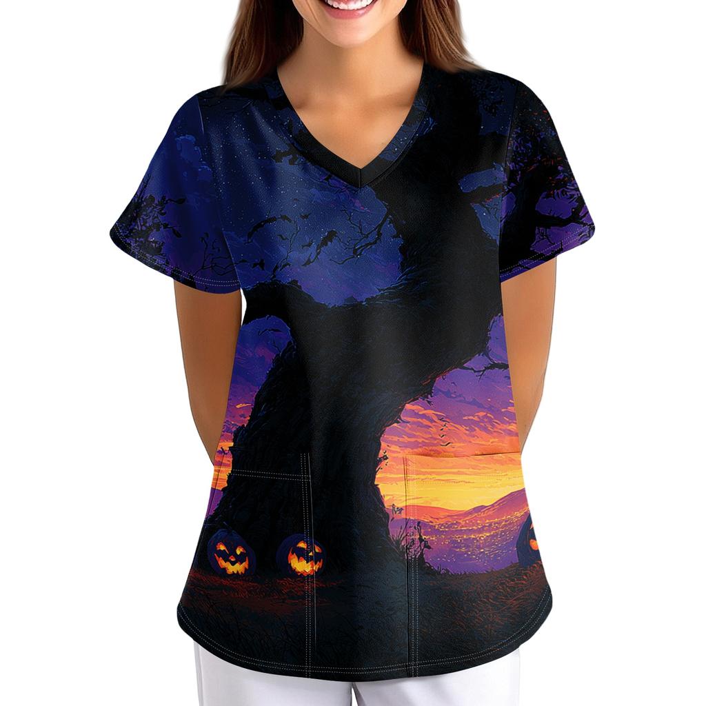 Women's Halloween Print Scrub Top V Neck Short Sleeve with Pockets Loose Fit