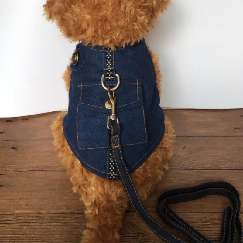 Adjustable Dog Harness With Chest Strap Leash Small Breeds Like Poodle Shih Tzu Chihuahua Denim Style Vest