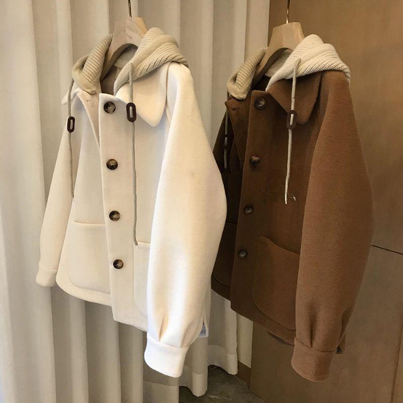 Plus Size Women's Hooded Patchwork Woolen Coat - Thick Spring/Autumn Two-Piece Cotton Jacket