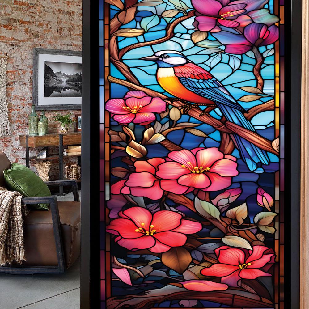 Colorful Retro Floral & Bird Static Cling Window Film - No Glue, Removable