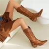 FOREADA Women Mid Calf Boots Pointed Toe Thick High Heels Rivets Embroidery Western Cowgirl Boot Ladies Fashion Shoes Winter 43