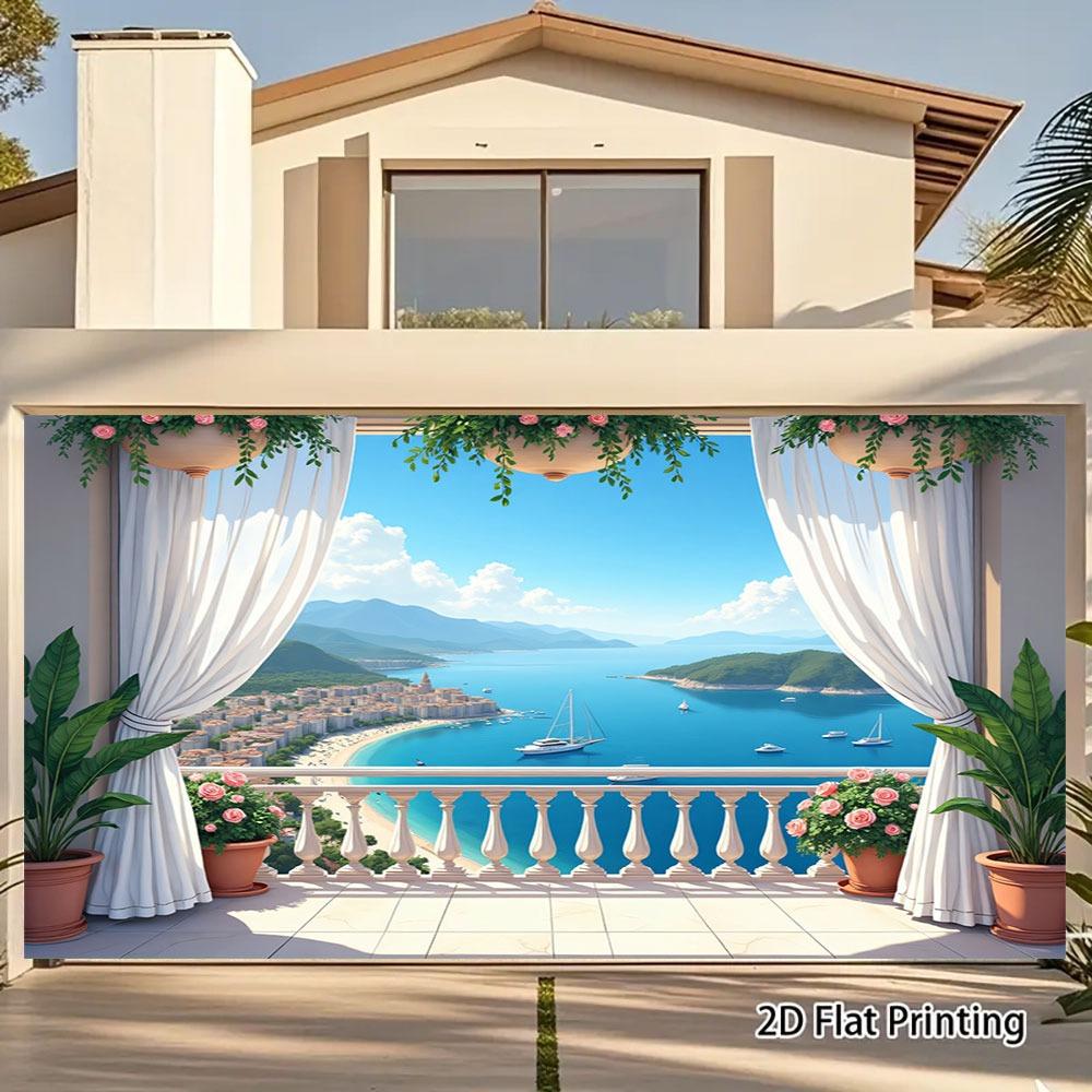2D flat banner 1 large Mediterranean coast landscape balcony mural banner suitable for indoor/outdoor parties