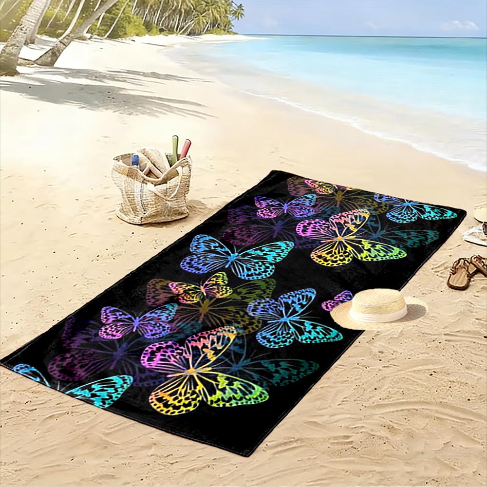 Colorful Butterflies on Black Background Beach towel quick-drying for travel outdoor sports jogging beach and swimming