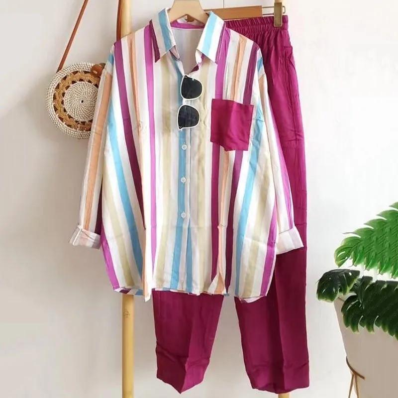2Pcs/Set Women Outfit Shirt Pants Set Casual Elastic Waist Breathable Stripes Blouse Pants Suits Spring Summer Women Set