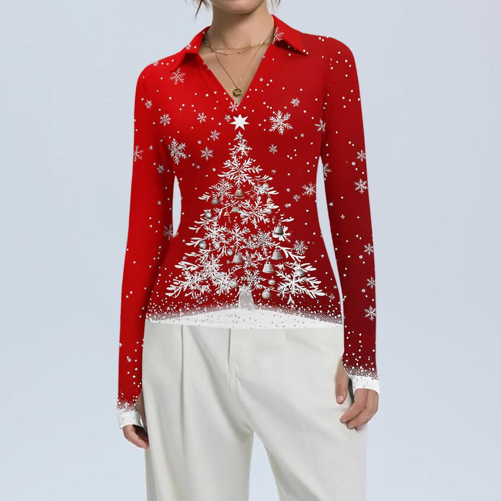 Damenmode Lässig Weihnachts-Print V-Ausschnitt Langarm Knopfleiste Oberteil