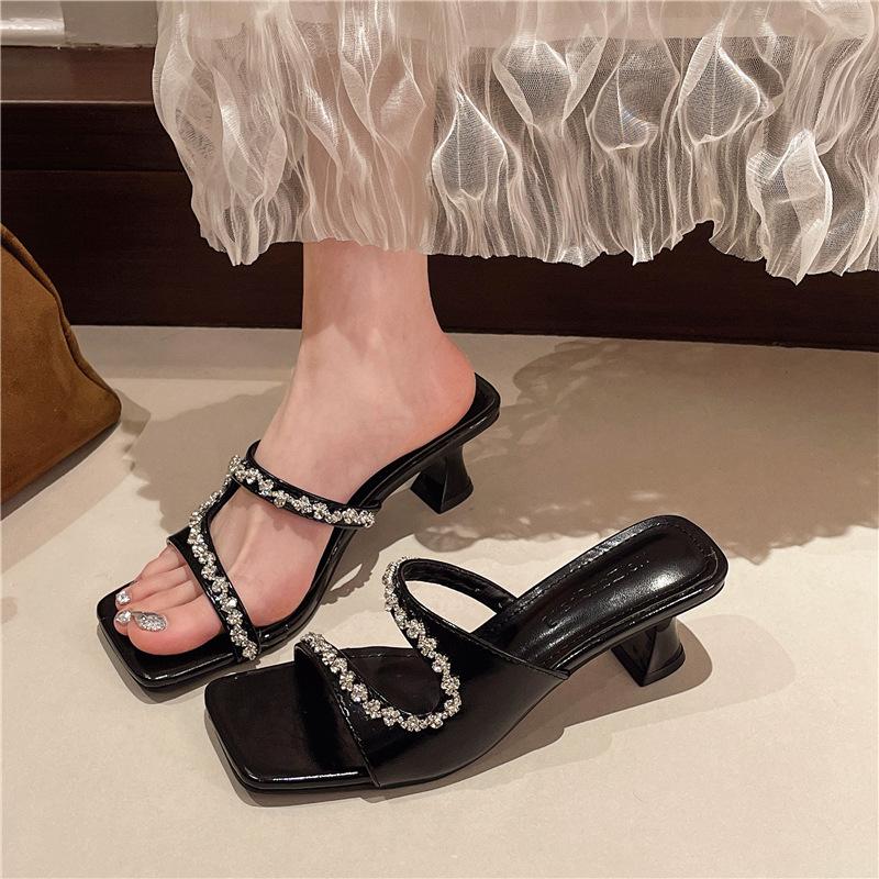 High-heeled Slippers Female 2025 New Summer with Skirt Thick-heeled Crystal Beautiful French Fairy Cool Slippers Outside