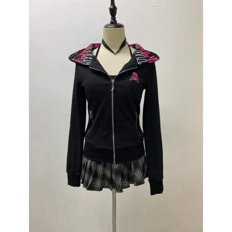 2KWEIRD Y2k Punk Hoodies Damen Vintage Ästhetik Grunge Reißverschluss Sweatshirt Streetwear Slim Tops Weibliche Gothic Jacken