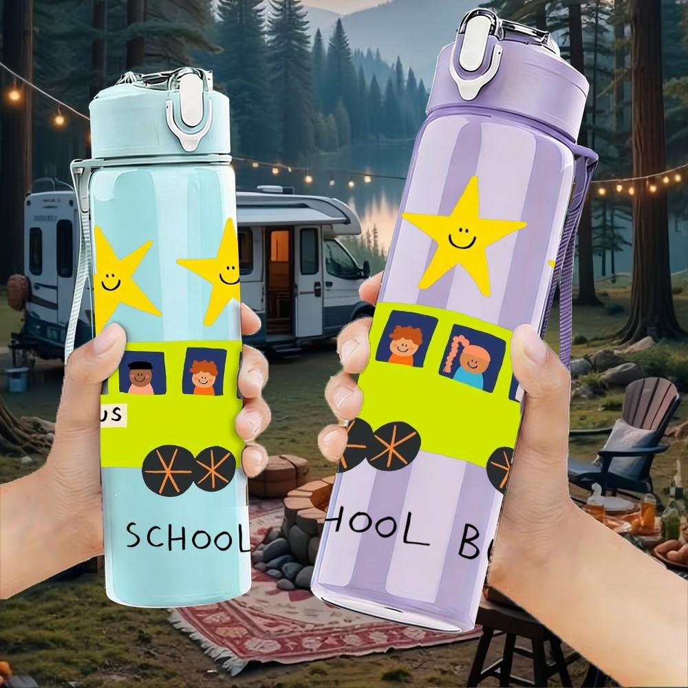 1PC School Bus Star Print 750ml Color Plastic Sports Water Bottle Leakproof Flip Straw Lid Suitable for Sports Office Home Use