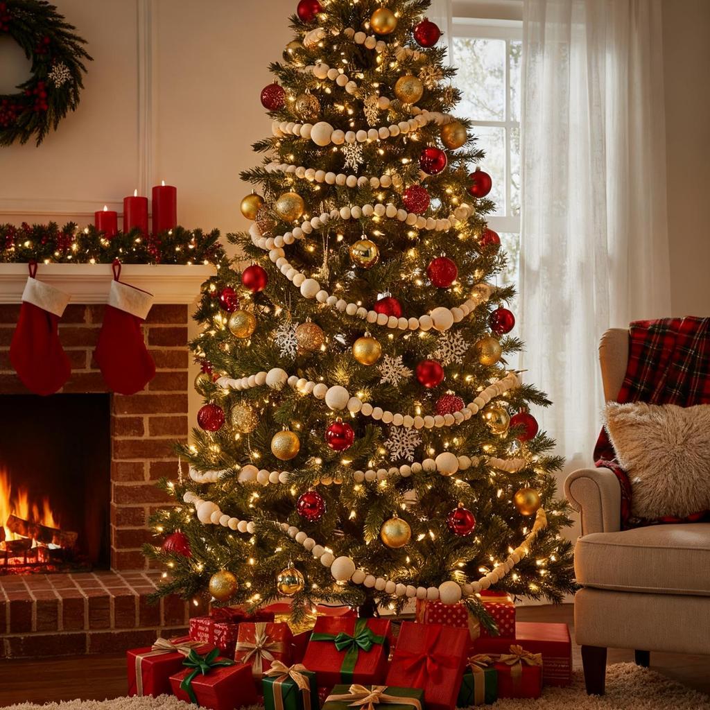 12FT Christmas Wood Bead Wreath DIY Christmas Wooden Beads Garland For Christmas Tree Indoors Fireplace Decoration