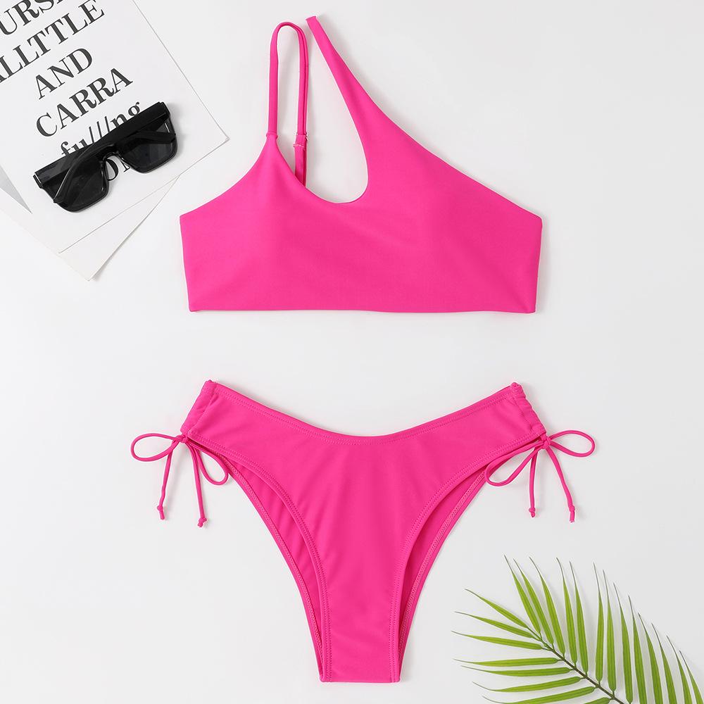Women s One-Shoulder Solid Color Sexy Two-Piece Bikini Swimsuit Small