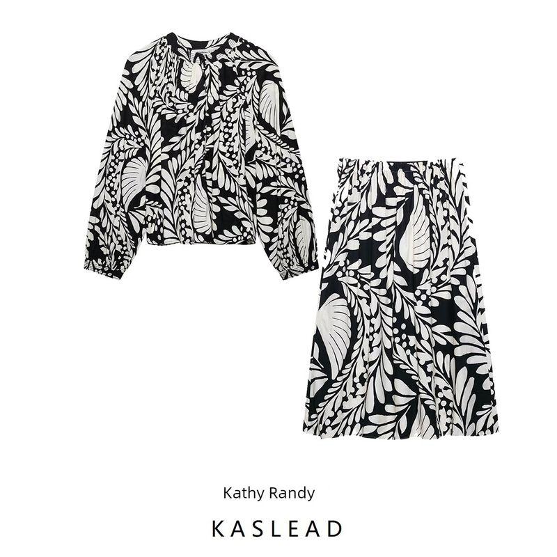 Kaslead New Women Clothes Western Style Fashion Simple Chinese Stand Collar Top Skirt Sets