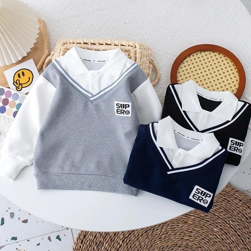 Jarní a podzimní chlapecké svetry, dětské POLO košile, dětské falešné dvoudílné oblečení