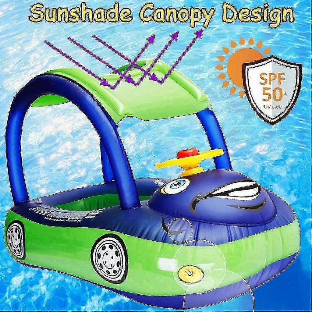 Baby Inflatable Pool Float with Canopy, Car Shaped Swim Float Boat with Sunshade & Steering Wheel, Cartoon Swim Seat Ring for Toddler Infants