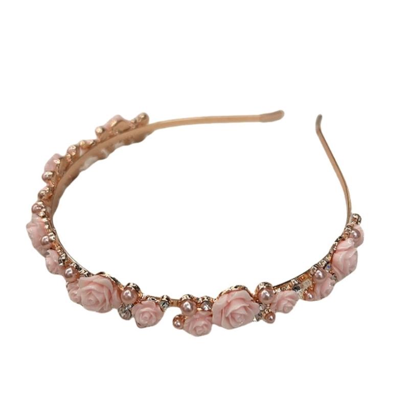 

Sparkling Rhinestoned Pearls Floral Hair Accessory Fashion Hair Hoop For Bridal Event Daily Wear Metal Headwear рожевий