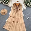 Vintage Western Style Embroidered V-neck Strap Up Waist Long Sleeve Dress for Women French Elegant Grand Swing Long Dress