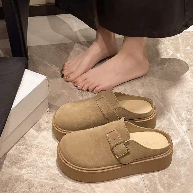 Lazy platform bag head slippers women's 2025 autumn new height increase outer wear one pedal casual skirt Boken shoes