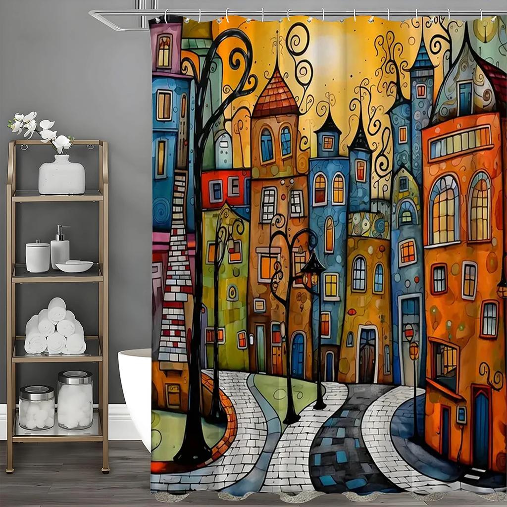 Painted Street Shower Curtain, Home Shower Curtain, Waterproof, With 12 Hooks