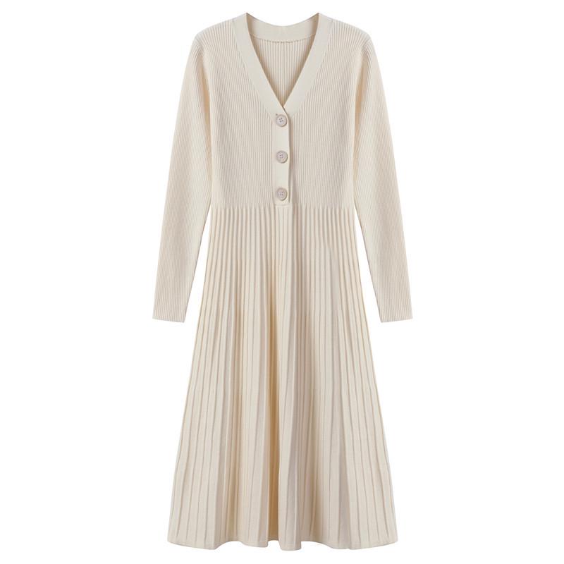 

Women s V-Neck A-Line Sweater Dress: Elegant Slimming Knit for Autumn/Winter 2026 L (for 110-125 lbs) грязно-белый