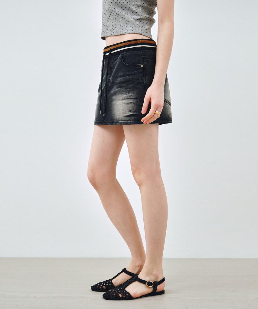 MONGDOL Rib Banding Washed Denim Mini Skirt Black Mdsk037Black