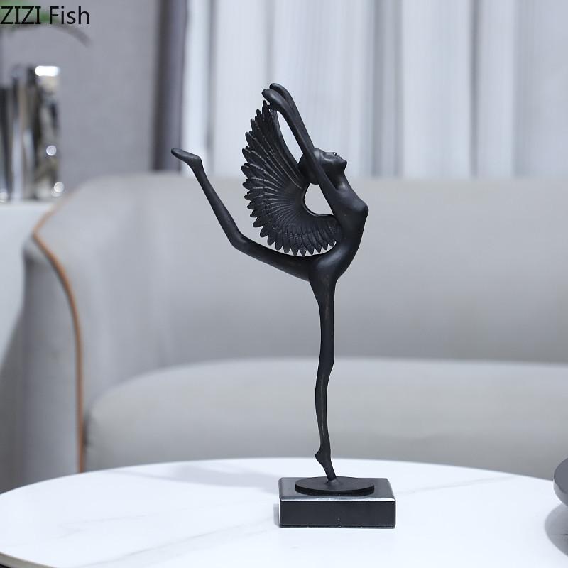Ballet Angel Black Figures Sculpture Marble Base Desk Decoration Abstract Dancer Character Metal Statue Room Aesthetic Decor