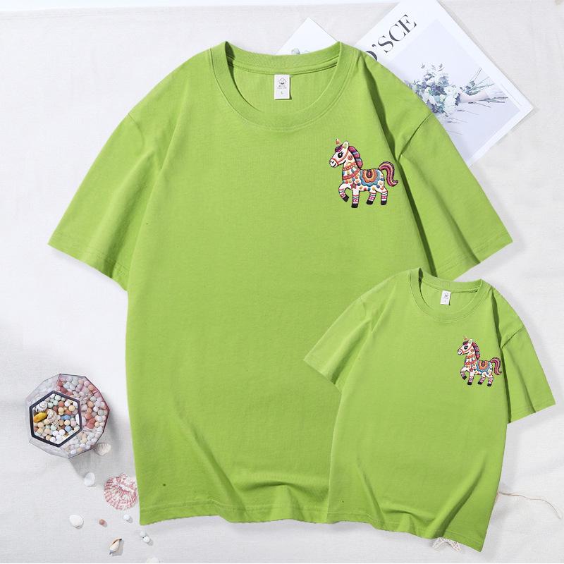 Year of the Horse Zodiac Family T-Shirt: Red Short Sleeve for Parent-Child, New Year Festive Portrait