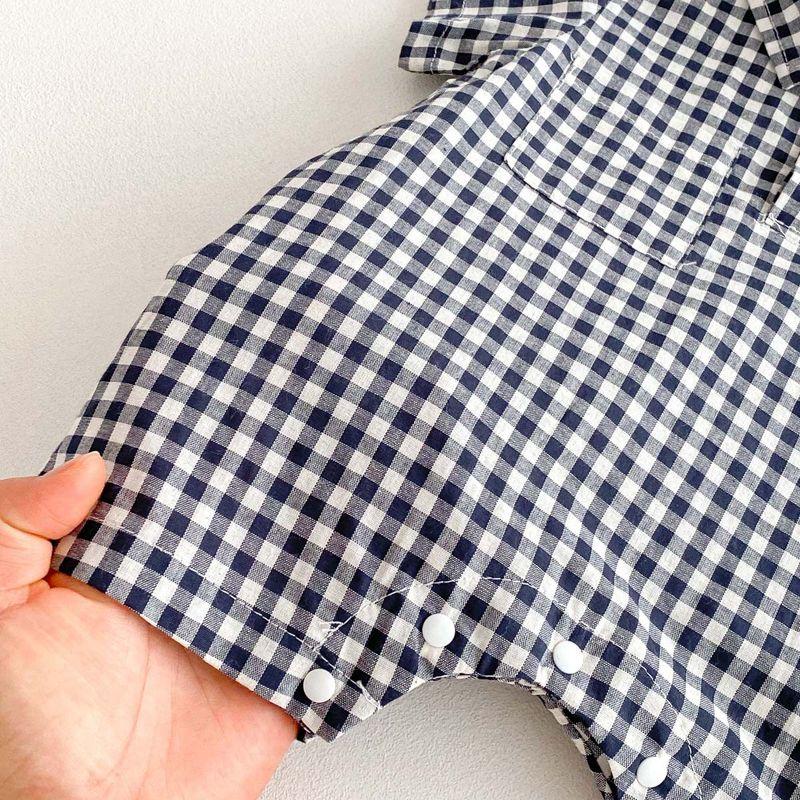 New Boys' Plaid Romper, Newborn Summer Pure Cotton Short-Sleeve Shirt, Baby Onesie, Thin Style