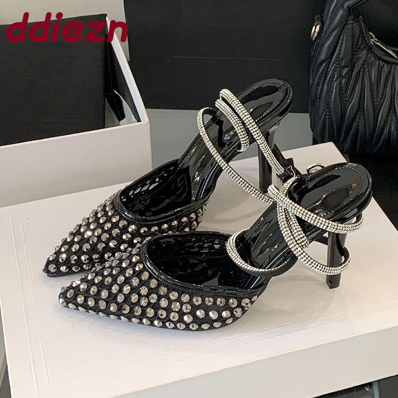Fashion Luxury Rhinestones Fashion Ankle Buckle Pumps Women High Heels Shoes Female Pointed Toe Footwear Party Ladies Thin Heels Shoes