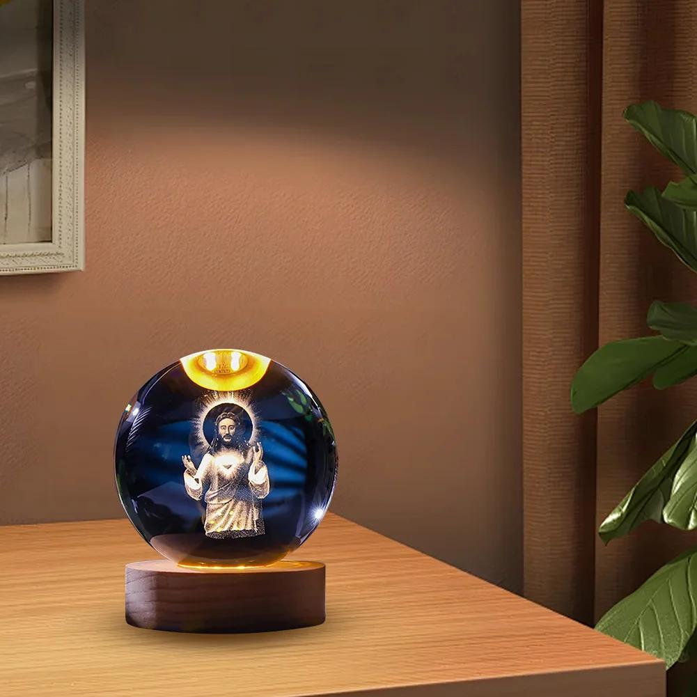 3D Small Glass Ball Decor with Wooden Base USB Charging LED Crystal Ball Night Light Lighted Crystal Ball for Art Decoration