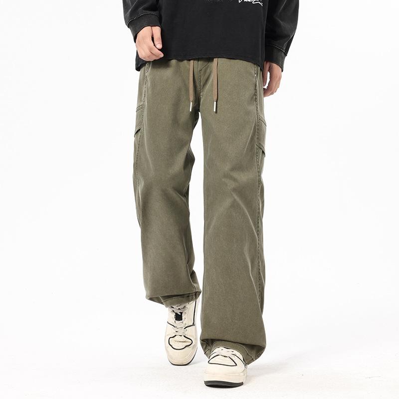 Overalls men's autumn new American trendy brand solid color versatile loose wide-leg elastic waist straight trousers men