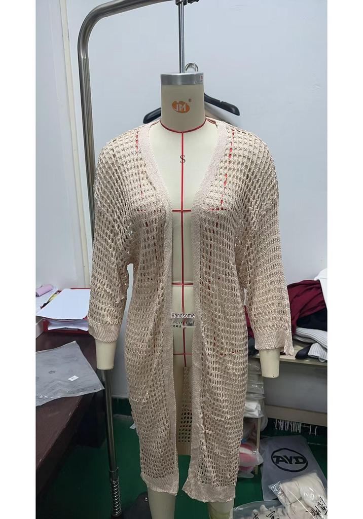 Cardigan lungo estivo da donna in maglia traforata, capo esterno protettivo dal sole, 2024