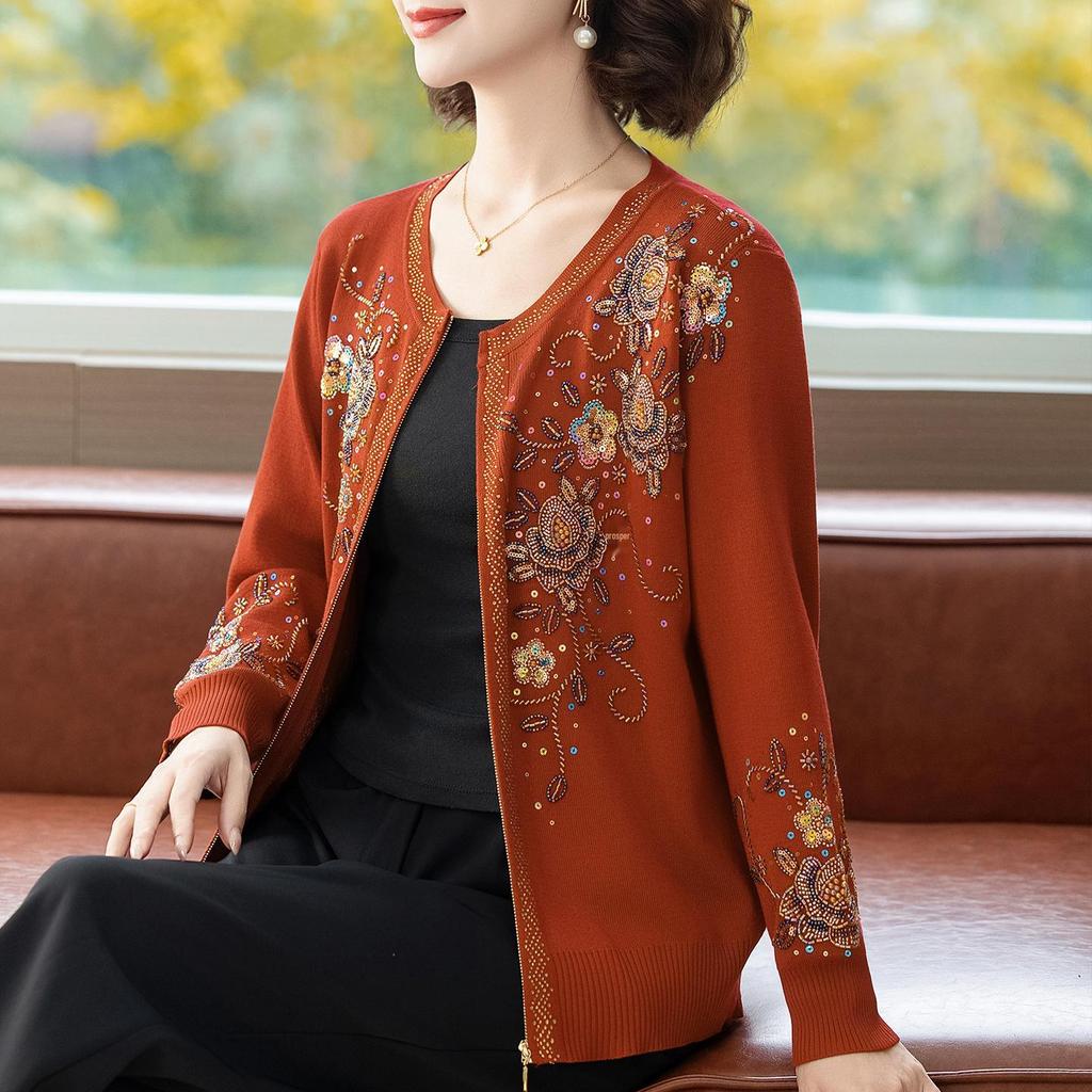 Cardigan Pesante Autunno/Inverno da Donna con Ricamo di Fiori Farfalla & Perline a Mano
