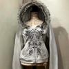 Y2K Streetwear Hooded Zip-Up Cropped Sweatshirt Women With Retro Wing Print Faux Fur Collar