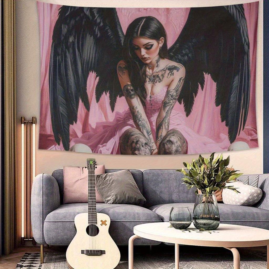 1PC Gothic Angel Wing Tapestry Pink Black Horizontal Wall Hanging Soft Polyester Fabric Goth Art Decor for Bedroom Living Ro