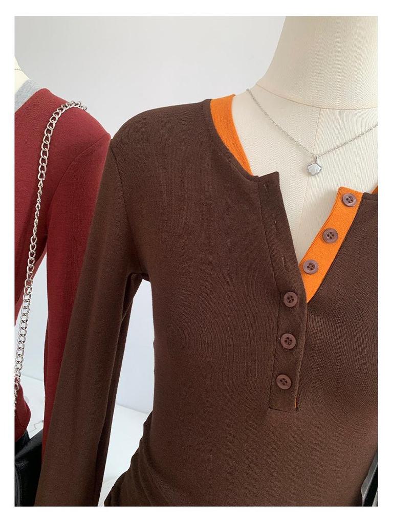 Stylish Contrast Color Faux Two-Piece Long-Sleeve Top for Women