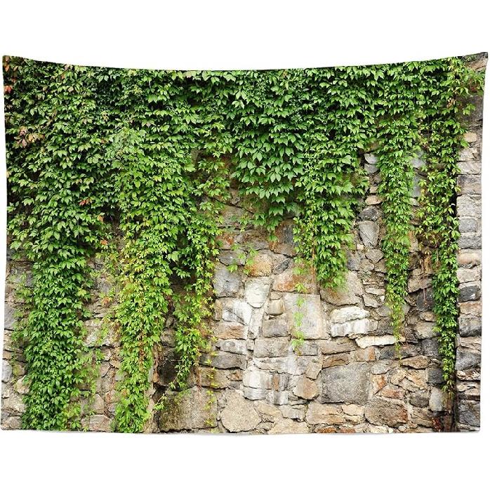 BELECO Stone Wall Tapestry - 80x60 Inch Spring Garden Green Leaves Old Stone Wall Overgrown with Leaves Outdoor Nature Greenery Home Decor for Living 60L x 40W