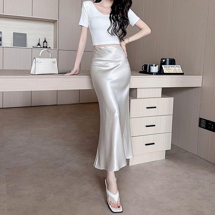 Satin Fish Tail Skirt With High Waist For Women Spring Stylish Pencil Skirt