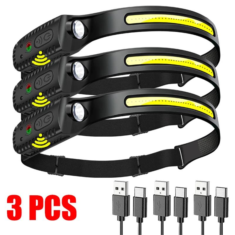 LED COB Sensor Headlamp USB Rechargeable Lamp with Built-in Battery 5 Lighting Modes Headlight Outdoor Emergency Working Lantern