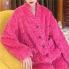 Fur Cardigan Womens Home Flannel Solid Color Loose Coral Fleece Pajamas Set Autumn And Winter Pants Twopiece Set Striped Red