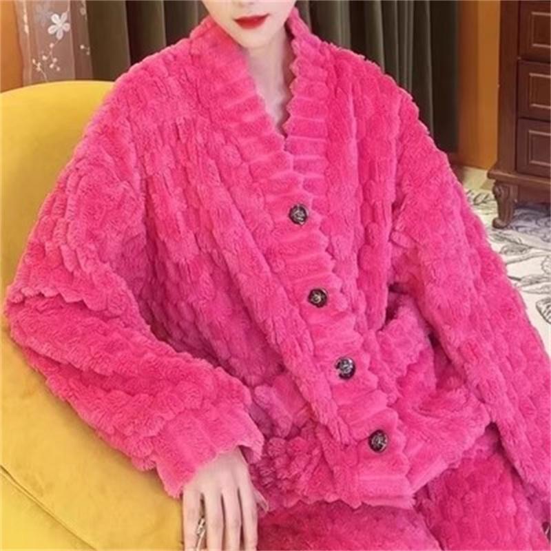 Fur Cardigan Womens Home Flannel Solid Color Loose Coral Fleece Pajamas Set Autumn And Winter Pants Twopiece Set Striped Red