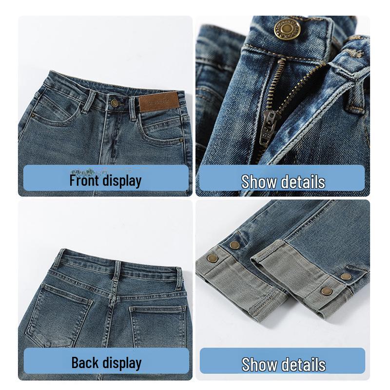 High-Waist Retro Slim Cigarette Jeans for Women - New 2024 Stretch Straight Pants, Nine-Point Length, Autumn Collection.