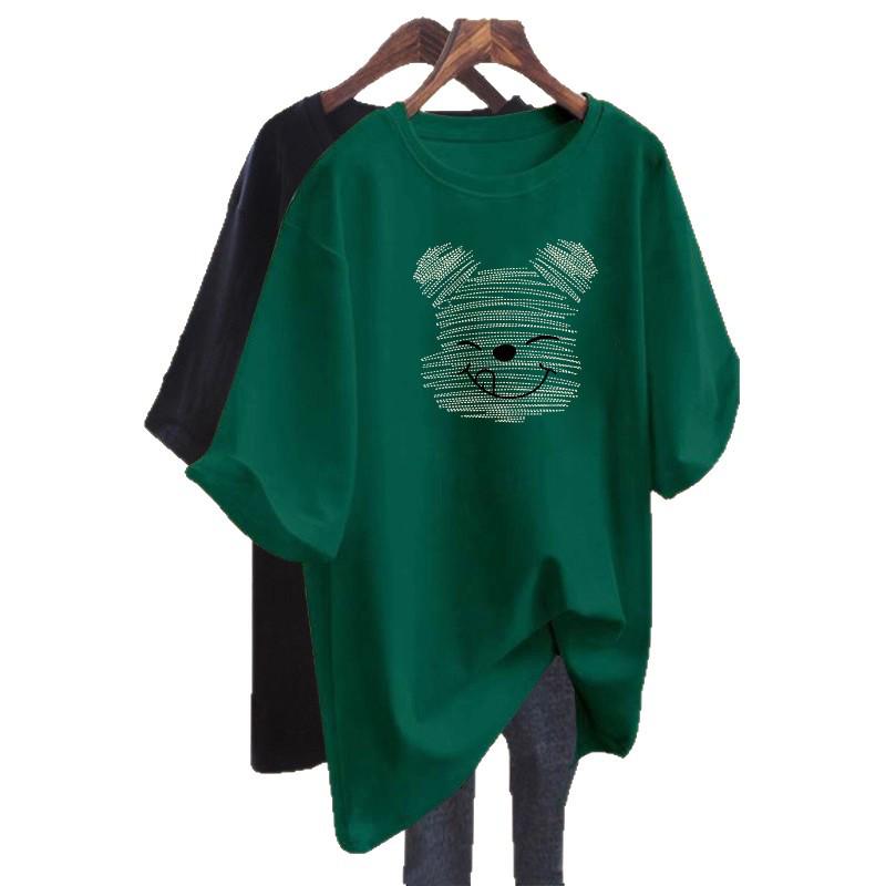 Women's Summer Loose Fit Cartoon Bear T-Shirt - Mid-Length, Round Neck, Short Sleeve, Versatile, Trendy Casual Style.