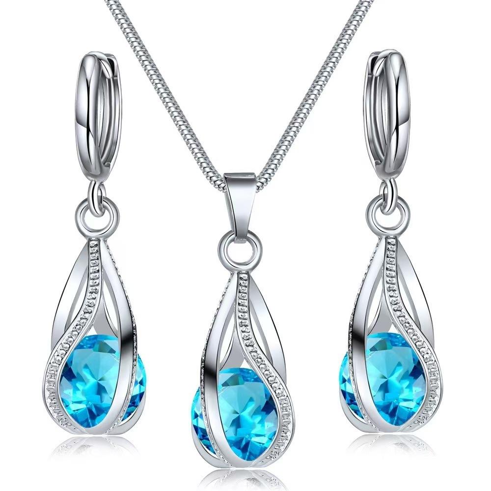 Vintage Light Blue Teardrop Necklace and Earrings Set - Dainty Retro Jewelry for Women