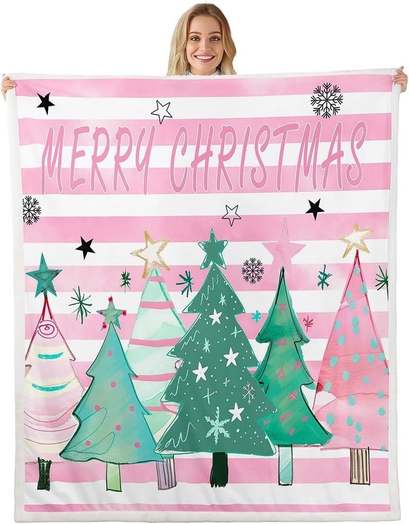 Christmas Throw Blanket Watercolor Red Truck Decor Fleece Blanket for Kids Teens Adults Green Xmas Trees Yellow Polka Dots Fuzzy