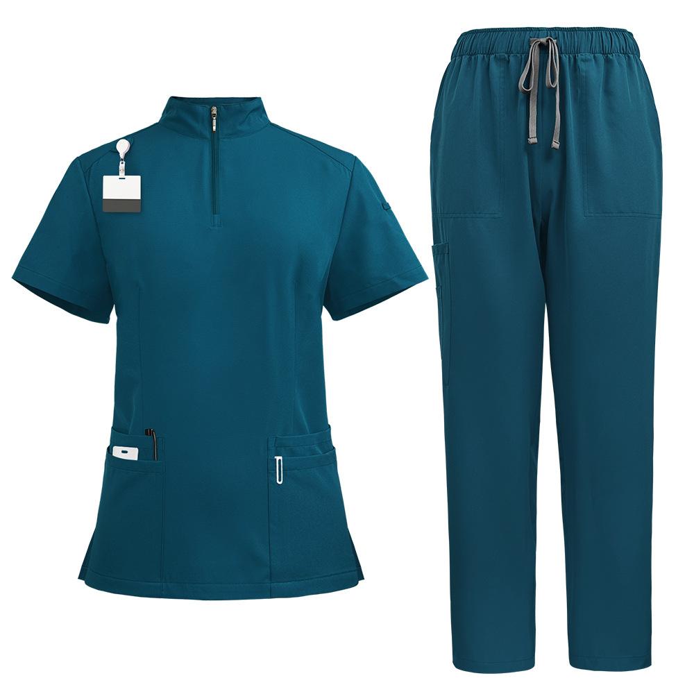 Sommer Kragen Reißverschluss Modell Kurzarm + Hose Kasacks Krankenpflegeruniformen Overalls Zwei Sätze für Ärzte und Krankenschwestern Schönheitssalon SPA Elastische Overalls