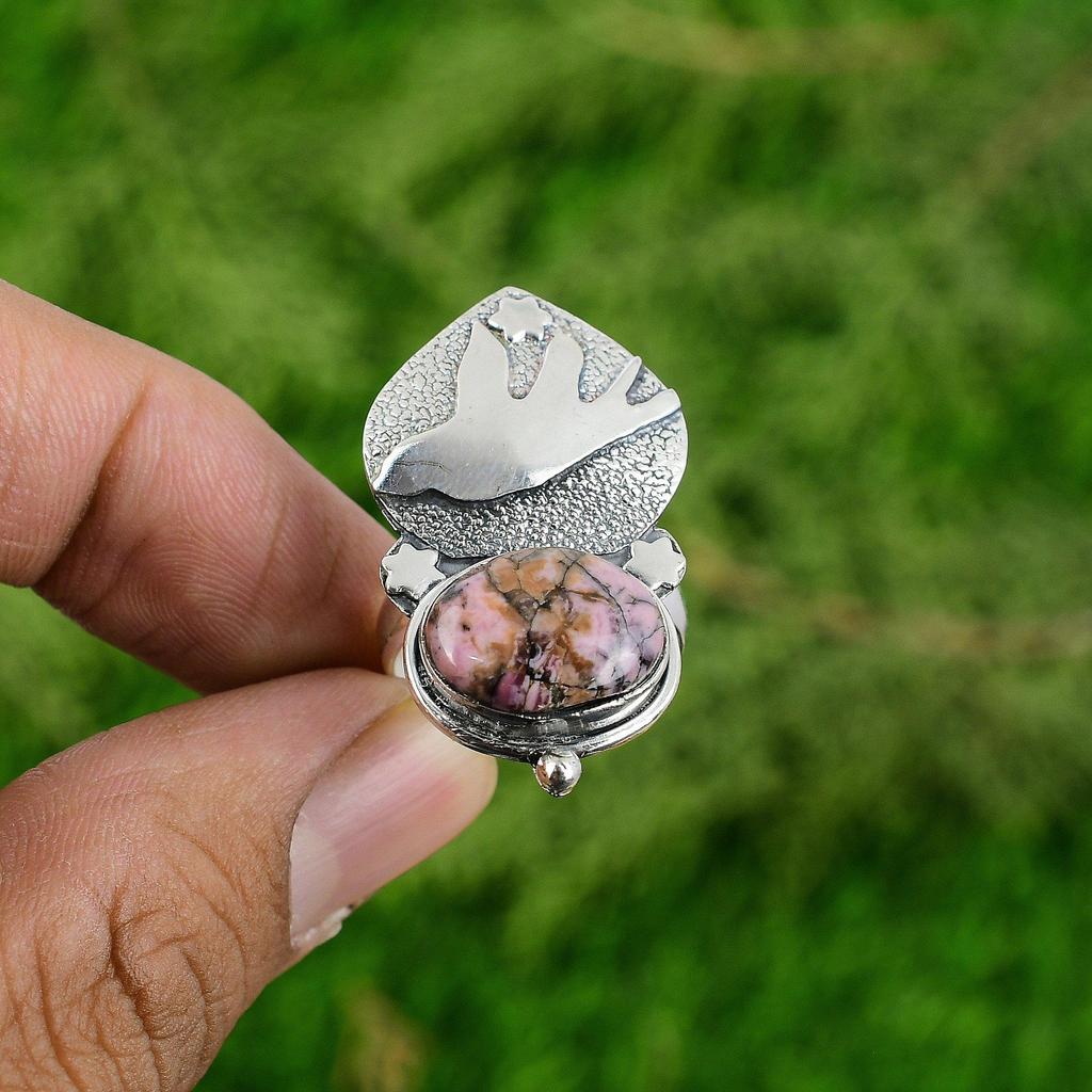 Womens day Sale Oval Rhodonite Stone 925 Sterling Silver Bird Anniversary Ring