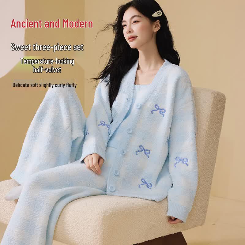 GUJIN Women s Blue Bow Coral Velvet 3-Piece Pajama Set One Size (Recommended 99-154 lbs)