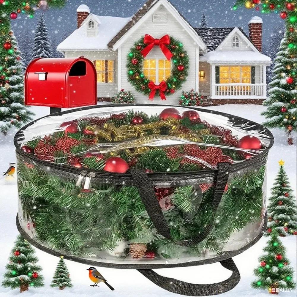 30/24inch Large Clear Christmas Wreath Storage Bag with Handle Dual Zipper, Garland Organizer Box